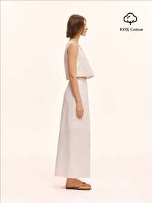 SHEIN Unity 2 件套：方领棉质无袖背心和裙子，休闲家居服和节日装，春夏新品 - 白色 - 查看 7