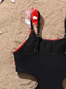 1pc Girls' Cute One-Piece Ruffled Swimsuit With White Polka Dot Pattern On Red Background, Ruffled Straps & Hem - Multicolor - View 5