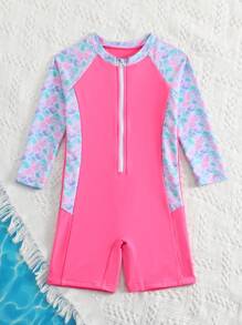 Young Girls Fish Scale Print Splice One-Piece Swimsuit, Beach Holiday - Pink - View 5