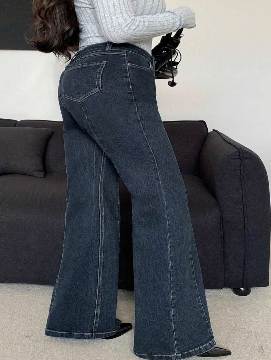 Dazy Plus Dark Wash Split-Hem Flare Jeans, Slimming, Suitable For All Seasons - Dark Wash - View 1