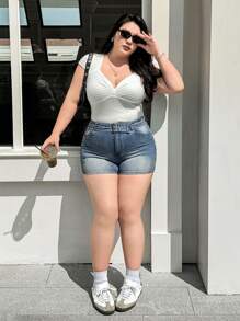 SHEIN EZwear Quần short denim cạp chun màu xanh nhạt lãng mạn tối giản mùa hè cỡ lớn cho nữ - Rửa nhẹ - Xem 4