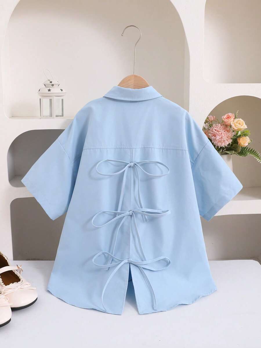 SHEIN 青少年女孩时尚休闲百搭度假日常后背镂空蝴蝶结短袖衬衫 - 藍色 - 查看 1