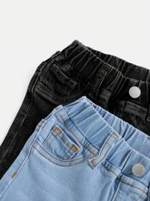 SHEIN 男婴两件套松紧腰洗水牛仔短裤套装，男婴夏装 - 彩色 - 查看 3