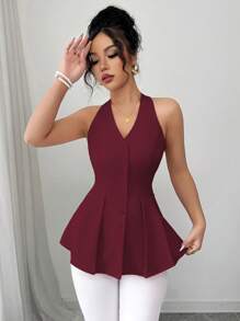 Elenzga Áo sơ mi nữ dáng chữ A không tay xếp ly cổ chữ V cài nút phía trước, giản dị, phù hợp cho công sở, đi nghỉ, mùa xuân/hè - Màu Đỏ Sâu - Xem 1