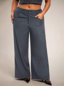SHEIN BAE Pantalones largos de mujer de talla grande para primavera/verano, de corte holgado/ajustado, negros con bolsillos, de pierna recta y ancha, de oficina, de tiro bajo/medio, aptos para salidas de San Valentín, meriendas, trabajo, escuela, carnavales, playa, vacaciones, vuelta al cole, chica cool