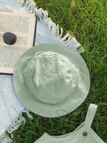 Set de 2 piezas: Peto corto a rayas verdes y blancas + Gorro de cubo para bebé niño/niña, conjunto de ropa casual para vacaciones/playa