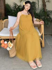 Dazy Plus Vestido maxi de verano para playa con abertura en la espalda, estilo holgado, unicolor, vestido con volantes para mujer, vestido amarillo, ropa de mujer, vestidos de verano