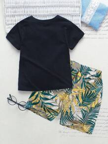 SHEIN 男童字母和葉子印花短袖t恤和短褲