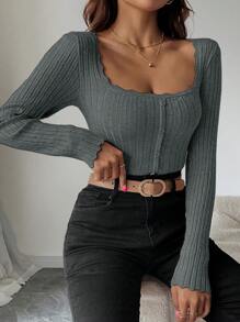 Chiquease Maglione casual a maniche lunghe con collo quadrato slim fit, con bottoni sulla parte anteriore, monocromatico