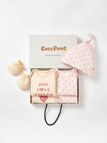 Cozy Pixies 新生嬰兒女童長袖連體褲和帽子套裝,贈禮盒內 - 粉色 - 查看 1
