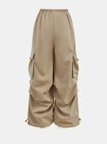 SHEIN Leap Crew Tween Girl Casual Loose Mid-Waist Drawstring Waist Cargo Style Convertible Pants - Khaki - View 2