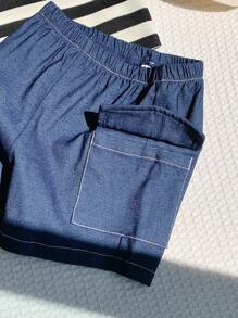 SHEIN 2 件装男婴休闲条纹针织领 Polo 衫和短裤套装，夏季 - 彩色 - 查看 9