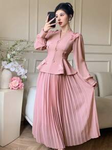 DAZY Bộ 2 món dành cho nữ có thiết kế nơ hoa 3D, eo thắt chặt, viền xếp nếp thanh lịch, váy xếp ly bằng vải voan, quần áo nữ mùa thu - Hồng - Xem 3