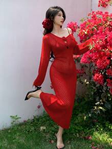 DAZY Women's Slouchy Hollow Out Knit Maxi Dress Rose Flower Decoration, Flattering Figure, Great For Photo Shoots And Vacation Wear - Burgundy - View 4