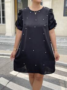 Flirla Plus Size Solid Color Faux Pearl Decor Elegant Short Sleeve Dress - Black - View 1
