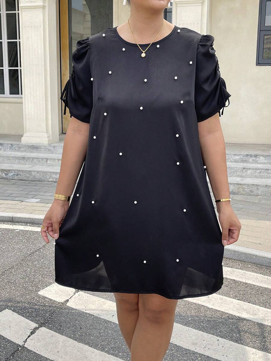 Flirla Plus Size Solid Color Faux Pearl Decor Elegant Short Sleeve Dress - Black - View 1