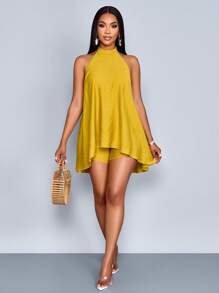 SOLERSUN Women's Spring & Summer Elegant Commuting Solid Color Halter Neck Backless Sleeveless Jumpsuit - Yellow - View 3