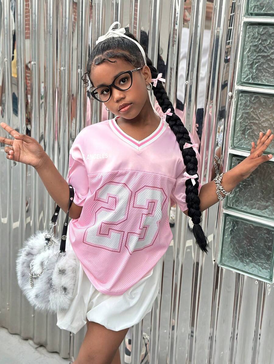 SLAYR KIDS Tween Girl Street Style Ribbed Mesh Colorblock Print V-Neck Short Sleeve Top, Spring/Summer - Pink - View 1