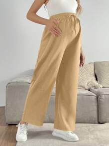 SHEIN Loose Fit Solid Color Straight Leg Casual Elastic Waist Women Pants - Khaki - View 5