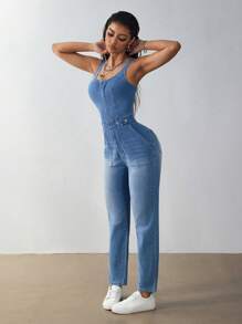 SHEIN EZwear Women's Casual Daily Wear Pocketed Bib Overall Denim Jumpsuit - Blue - View 1