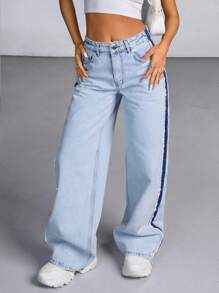 EURMUSE WOMEN LOW WAIST LOOSE WIDELEG BLUE JEAN CASUAL