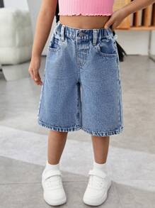 SHEIN Courts en jean bleus amples avec broderie de nœud rose pour jeune fille, style Y2K 2025, Pâques neuf