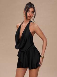 SHEIN BAE 女士夏季黑色缎面雪纺垂领露背不对称下摆迷你连衣裙 - 黑色 - 查看 2