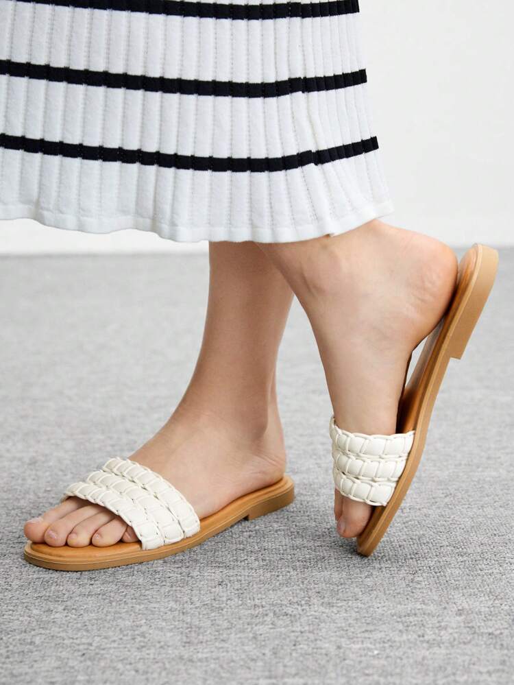 CUCCOO BIZCHIC Women White PU Leather Simple Round Toe Flats, Elegant Casual Comfortable Slip-On Flat Sandals For Office, Commute, Date, Party, Formal Occasions