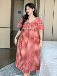 DAZY Cute Plaid Ruffle Edge Patchwork Lace Women Nightgown Pajama, Moo Moo
