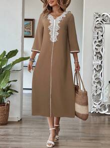 EMERY ROSE Women's Modest Khaki Midi Dress With Contrast Lace And Three-Quarter Sleeves - Khaki - View 5