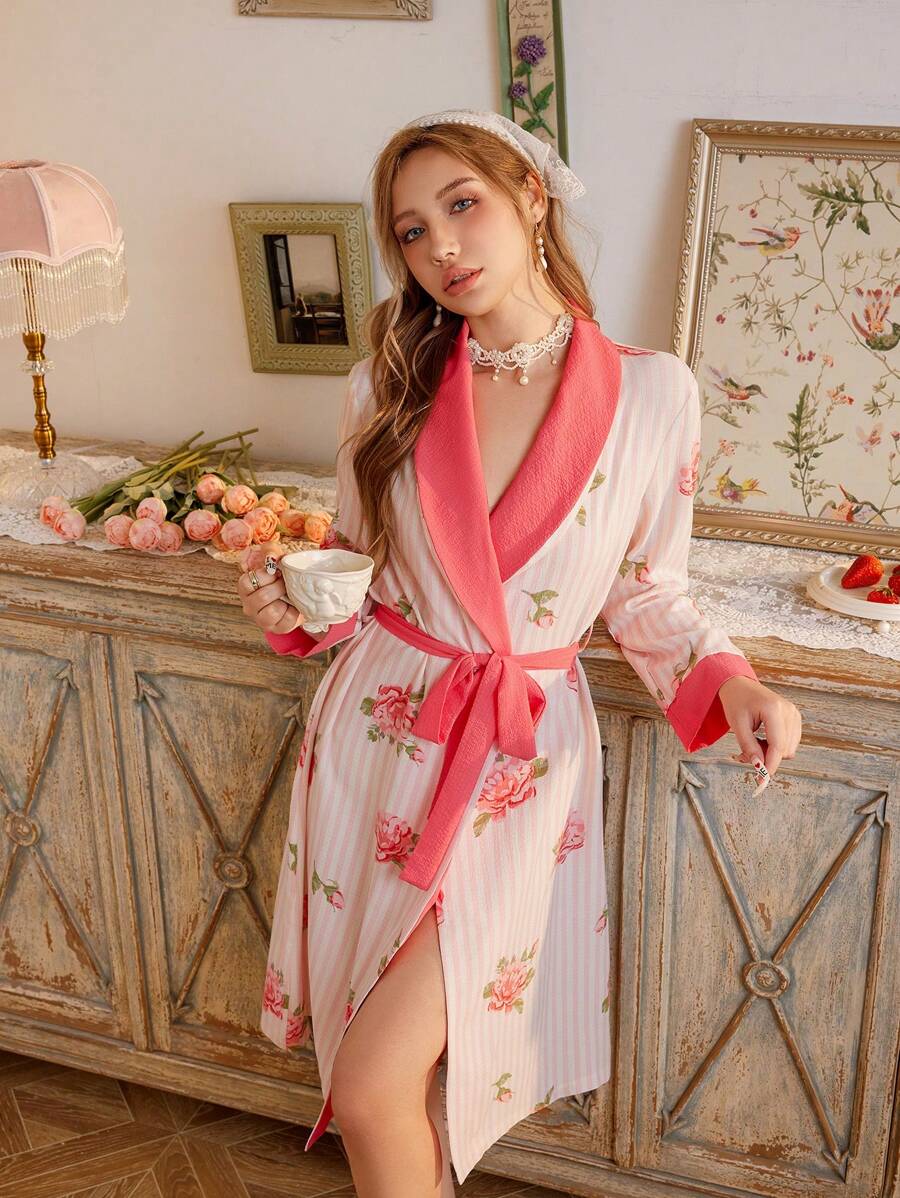 CottageSlumber Striped Rose Flower Ruffle Trim Women Sleepwear Robe - Multicolor - View 1
