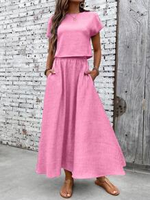 EMERY ROSE Bộ 2 món áo thun tay ngắn màu trơn đơn giản mùa hè dành cho nữ và chân váy - Hồng - Xem 3