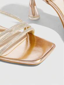 CUCCOO SZL Women's Champagne Square Toe Rhinestone Chain Strap Transparent Block Heel Sandals, Suitable For Dresses - Champagne - View 7