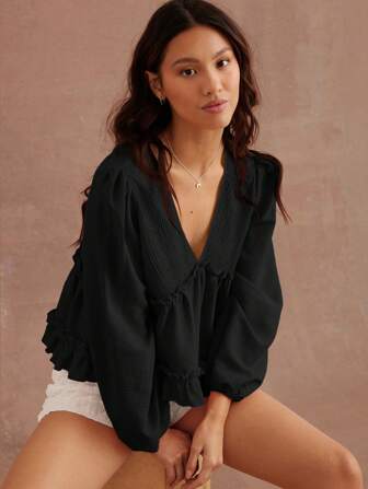 WESTFADE Valentine's Day Pink Mixed Media Knit & Woven V Neck Babydoll Long Sleeve Top Festival