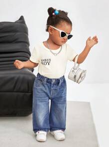 SHEIN Pantalones largos de mezclilla de estilo minimalista para bebé niña, adecuado para el verano - Azul lavado medio - Ver 5