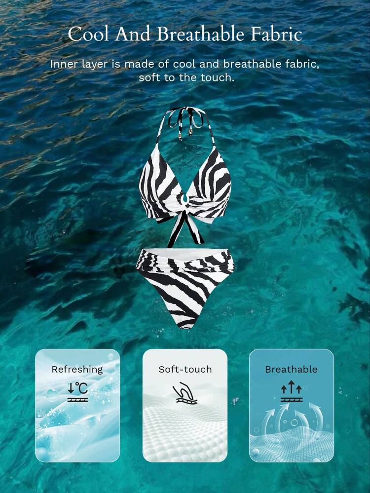ZEBRA PRINT HALTER BIKINI SET FOR SUMMER BEACH VACATION