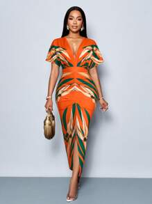 SOLERSUN Women's Elegant Printed V-Neck Split Thigh Bodycon Party Dress For Spring/Summer Holiday - Orange - View 4