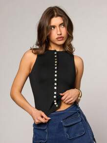 SHEIN BAE Regata Casual Feminina de Cor Sólida, Gola Redonda e Ajustada de Abotoamento Único