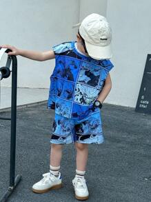 2pcs Kids Young Boys Leisure Japanese And Korean Academy Comfortable, Fashionable, Simple, Practical, Versatile Cartoon Anime Printed Loose Tank Top And Shorts Two Pieces Set, Suitable For Outdoor Play, School, Street Photography, Party And Home Leisure, Suitable For School, Sports, Vacation, Home And Outdoor, Suitable For Spring And Summer Seasons