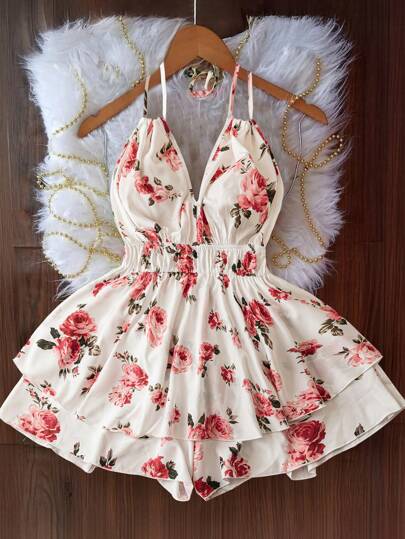 Flirla Mono con vuelo de doble capa y estampado floral para vacaciones, talla grande, para mujer, con espalda abierta