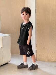SHEIN Young Boy Letter Embossed Crew Neck Loose Fit Sleeveless Vest - Black - View 5