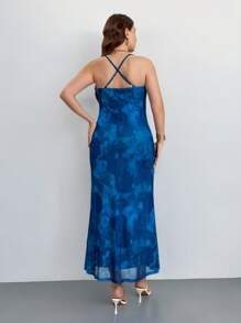 Firerie Plus Size Elegant Commuting Workplace Stylish Vacation Refined Afternoon Tea Slightly Sexy Date Music Concert Party INS Vintage Academic Beachside Photo Shoot Strap Draped Neck Fitted Long Mermaid Dress, Blue Tie Dye Gradient Printing Mesh, Suitable For Valentine's Day, Music Festival