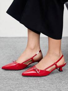 CUCCOO BIZCHIC Women's Pointed Toe Kitten Heel Red Backstrap Comfortable Versatile Commute & Casual Flat Slip-On Shoes