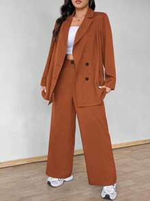 Flirla Conjunto de 2 piezas de blazer con botones y pantalones de talla grande - Óxido marrón - Ver 3