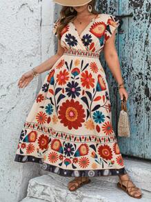 SHEIN VCAY Plus Size Women's Apricot Floral Print V-Neck Dress, Waisted Sleeveless A-Line Dress, Mother's Day Dress, Summer Outfits For Women, Beach, Summer Clothes For Women, Bohemian Women's Clothing, Sundress Summer Boho Women's Clothing Brunch Outfits For Women Airport Outfit For Women Beach Vacation Outfits City Break Outfits Holiday Outfits - Apricot - View 1