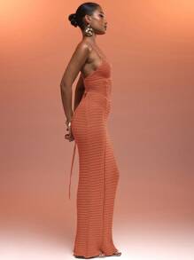 MUSERA Đầm maxi dây mảnh, ren móc, kiểu dáng gợi cảm, thanh lịch, có dây buộc phía sau, thích hợp cho kỳ nghỉ hè ở Ibiza, phù hợp cho kỳ nghỉ xuân, đi biển, dạo phố đêm, hẹn hò mùa đông, áo len sang trọng, lễ hội hóa trang. - trái cam - Xem 2