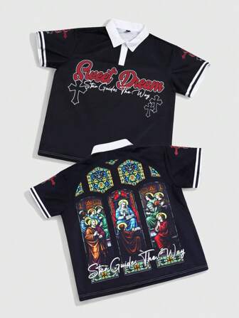 Street Life Polo à manches courtes décontracté pour hommes avec lettres et portrait graphique, été