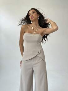 Aloruh 2pcs Set For Women: Asymmetrical Hem Tube Top And Pants, Solid Color - Khaki - View 4