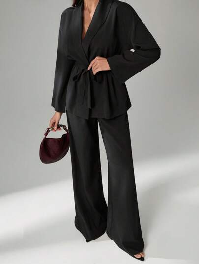 SHEIN Tall 2pcs Women Casual Solid Color Long Sleeve Tie-Front Shirt And Trousers Set,Business Casual Woman