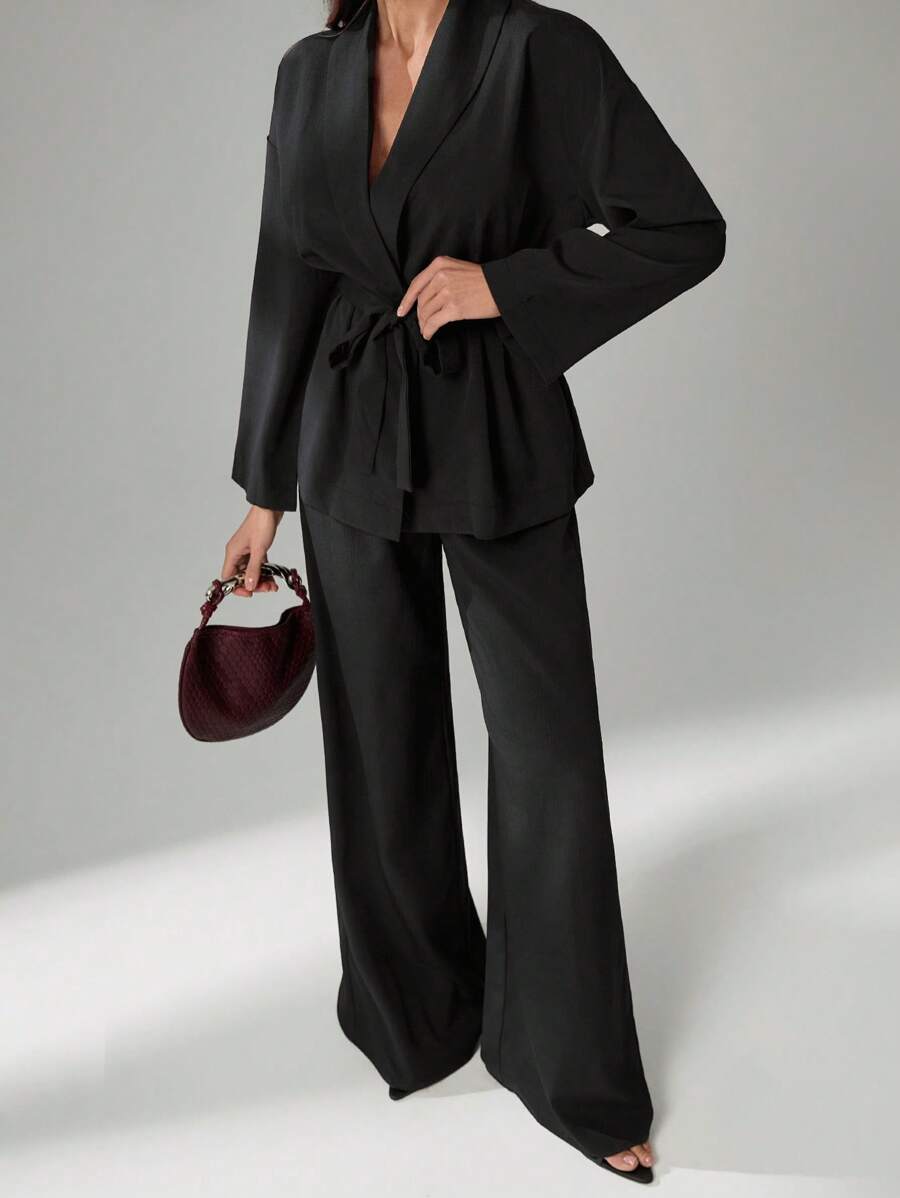 SHEIN Tall 2件組女款休閒純色長袖前綁帶襯衫與長褲套裝,商務休閒風,適合高個女性 - 黑色 - 查看 1